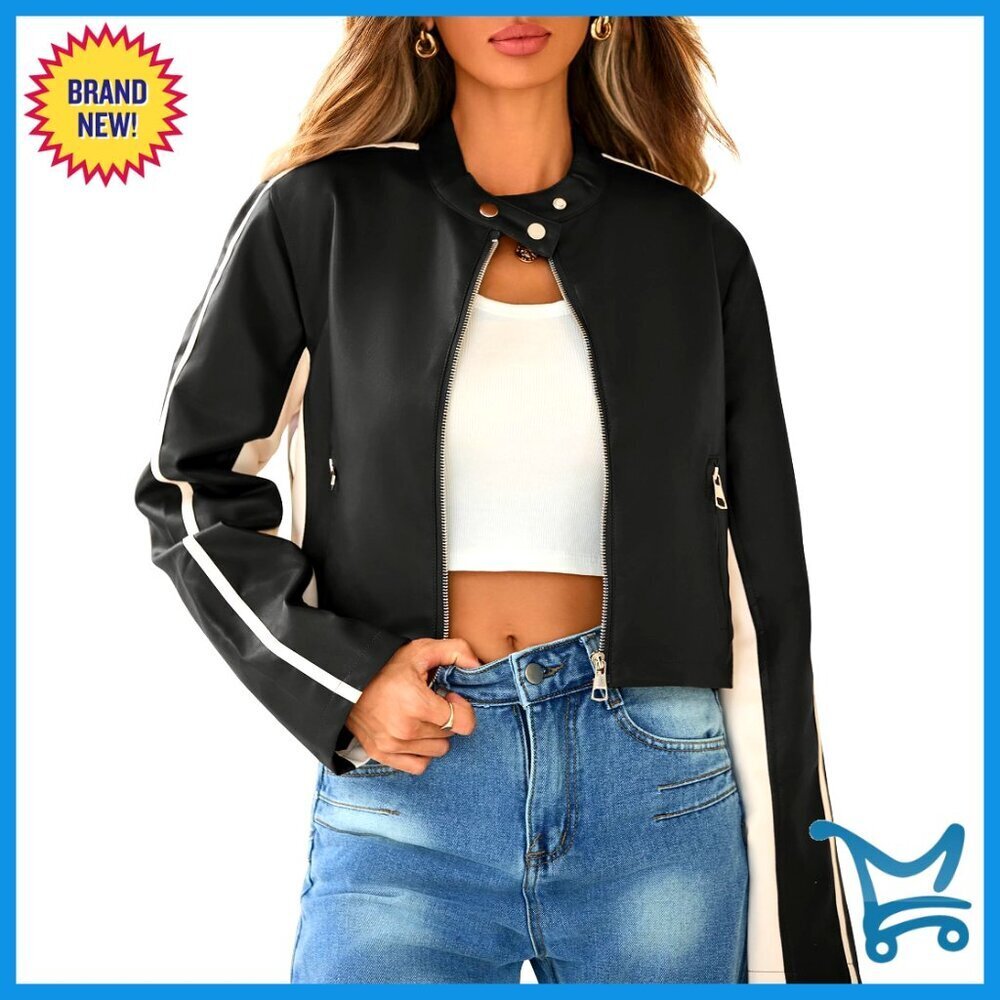 Cropped Faux Leather Biker Jacket Women's Motorcycle Bomber Slim Fit